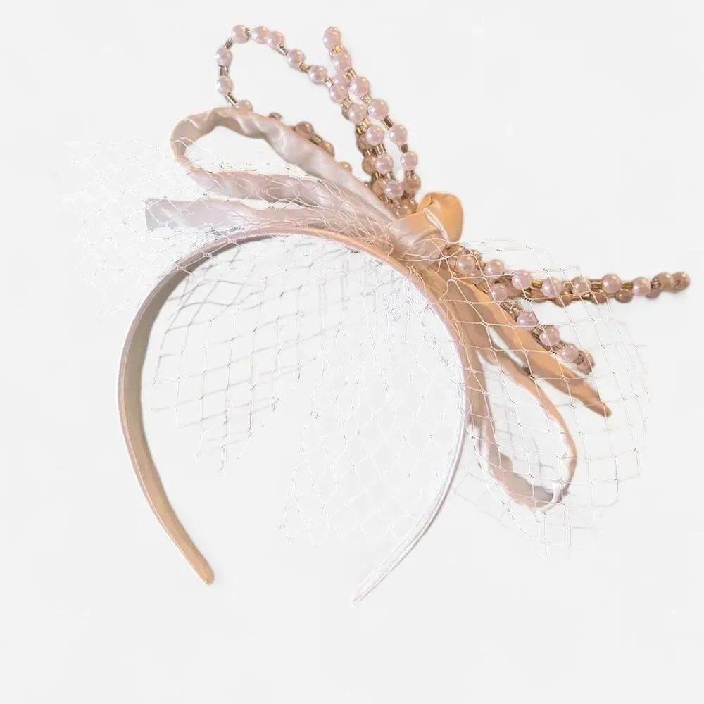 White pearl headband with veil and bow Bridal Preppy